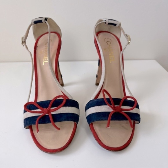 CHANEL Multicolor Suede CC Bow Cork Heel Ankle Strap Sandals Size 39 - Picture 3 of 9